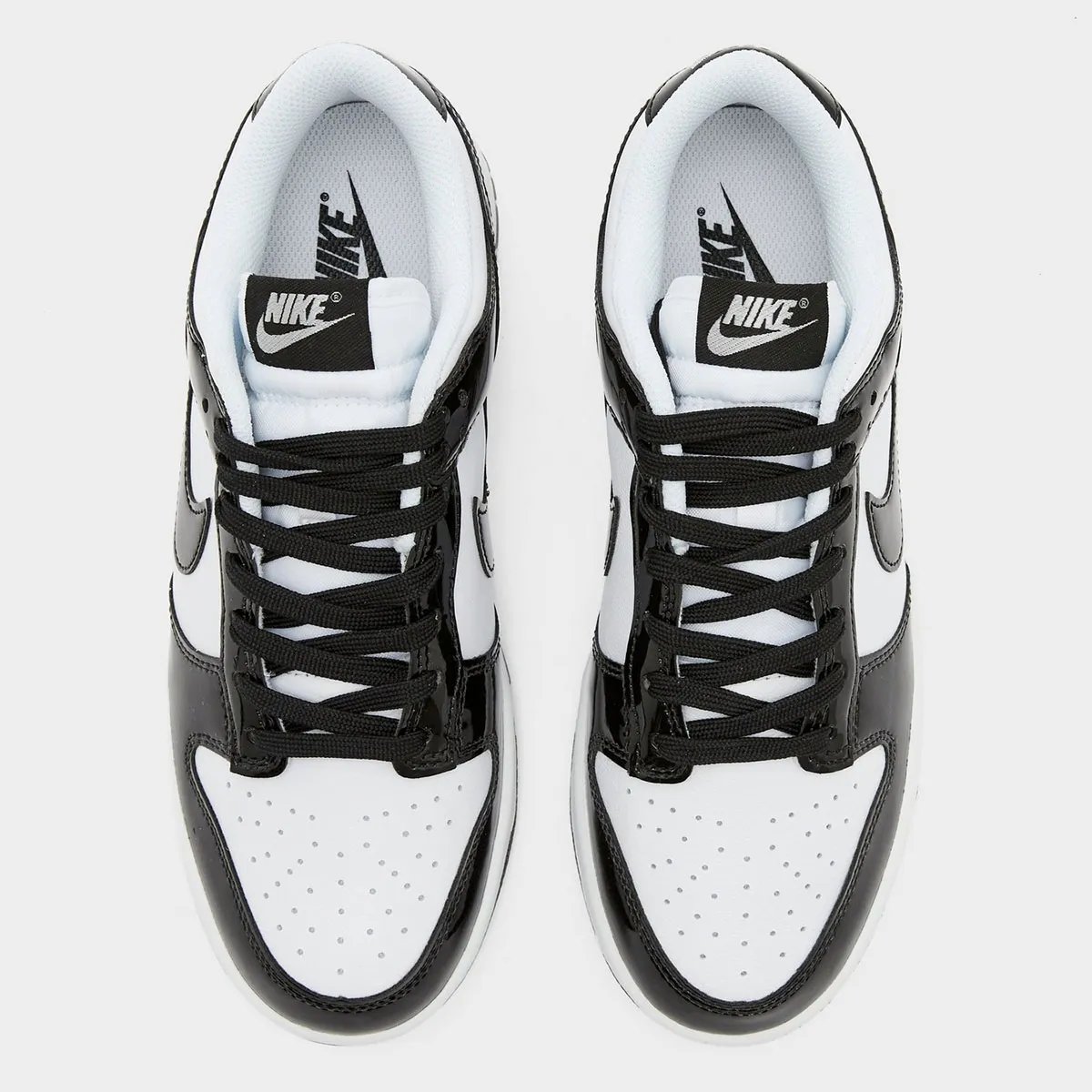 Nike Dunk Low Panda Patent in black patent leather and white leather with glossy finish - detail view 3