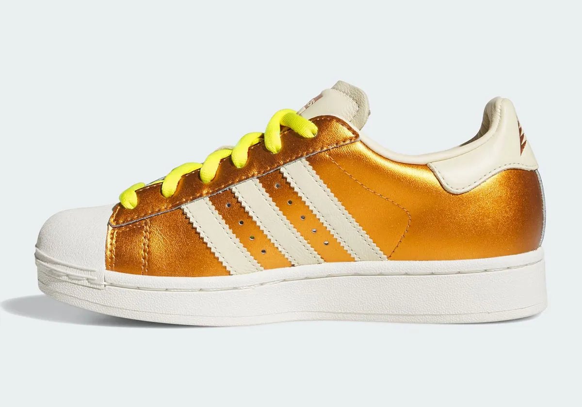 adidas Anthony Edwards Superstar in Metallic Gold leather with off-white stripes and signature rubber toe cap - detail view 3