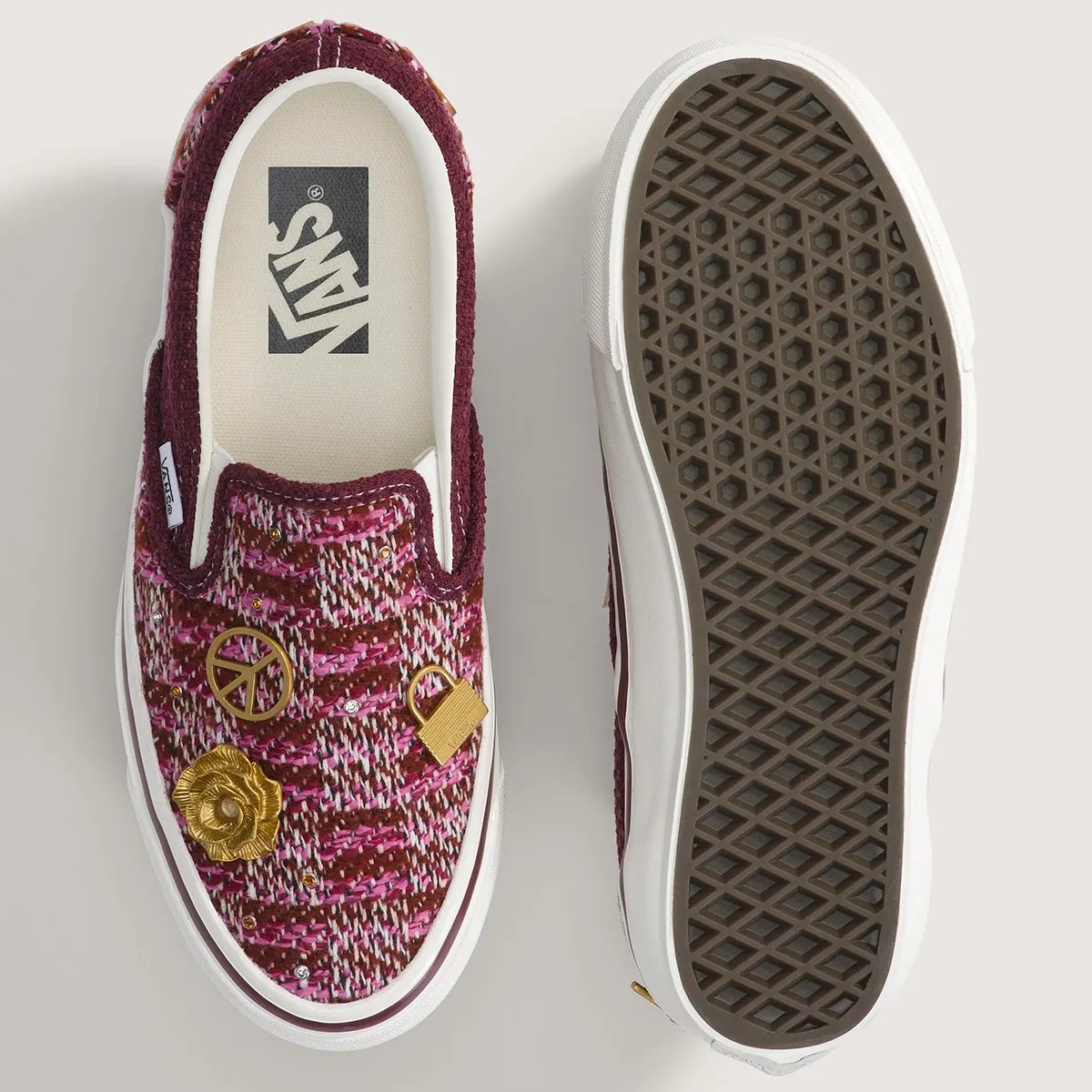 Vans Slip-On Cardigan in pink/red and white colorway with multi-color yarn and embroidered Americana details - detail view 2