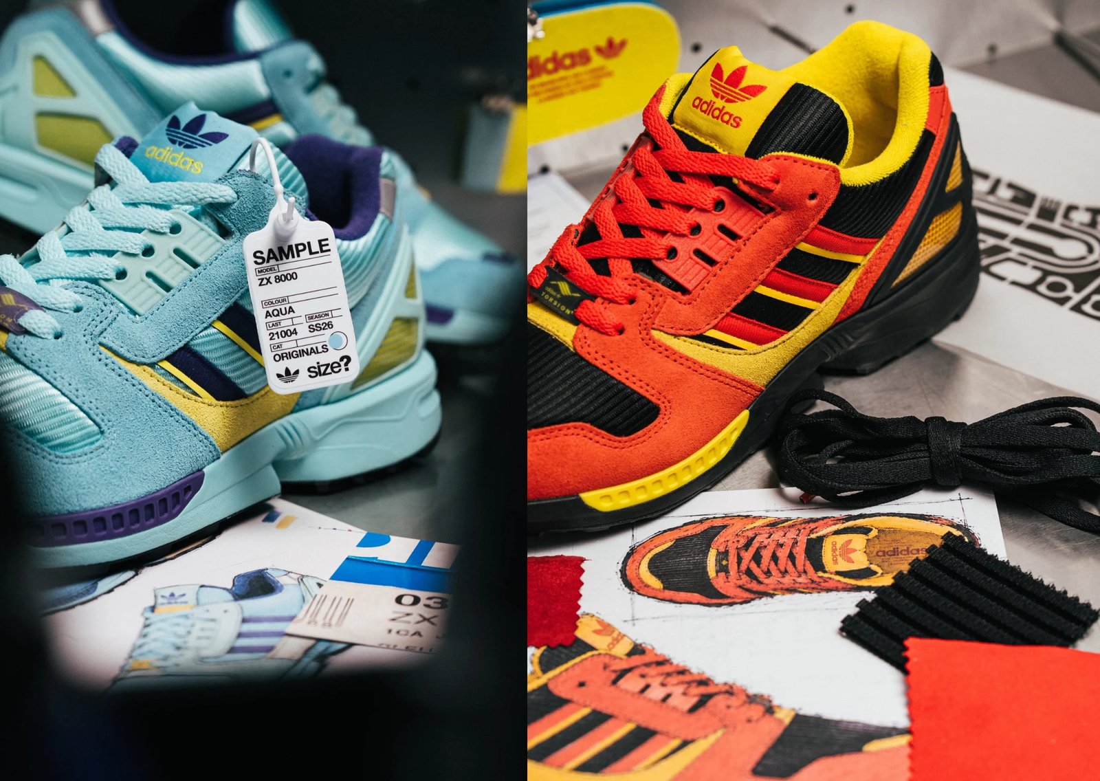 size? exclusive adidas Originals Archive ZX 8000 Pack featuring Aqua prototype and Germany flag colorway, releasing August 2026 - detail view 2