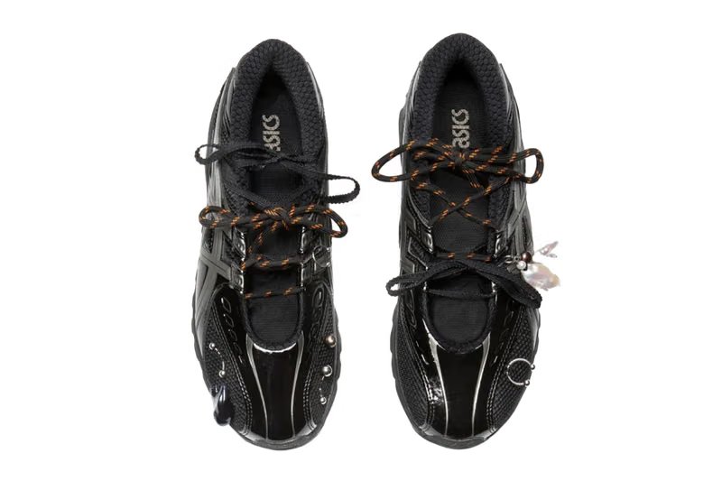 Gohar World x ASICS GEL-DS TRAINER SP in black mesh with hand-applied pearl charms, onyx stone, and stainless-steel piercings - detail view 4