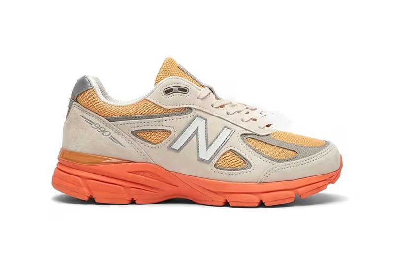 New Balance 990v4 MADE in USA in Moonbeam, Tangerine Heat, and Dried Orange colorway, side profile view - detail view 3