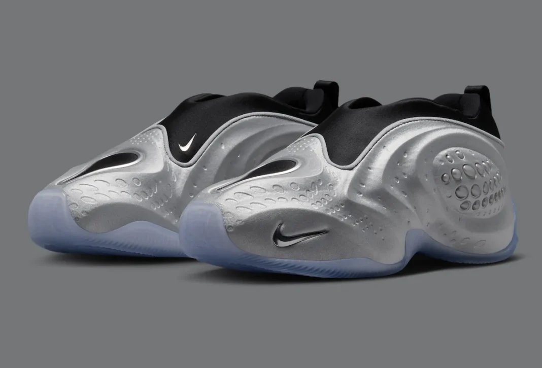 Nike First Sight Shadow in Metallic Silver with black neoprene bootie, showing molded shell construction and translucent icy outsole - detail view 1