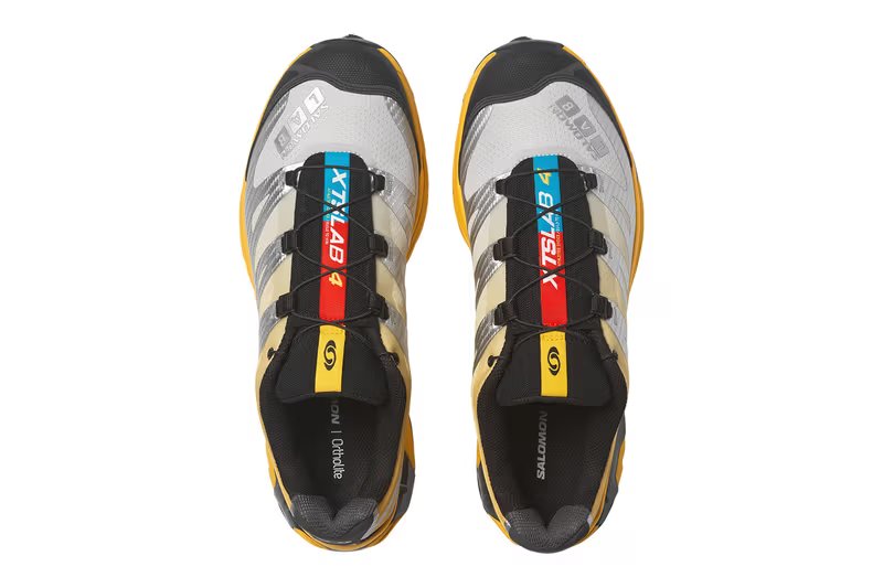 Salomon XT-4 OG Race Flag Pack in Lemon, Transcend Blue, and Fiery Red colorways with metallic silver base - detail view 3