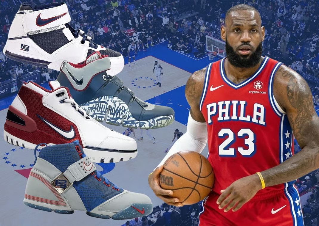 Collection of Nike and Puma signature basketball shoes in team colorways matching new NBA franchises for LeBron James, Jaylen Brown, LaMelo Ball, Ja Morant, and Giannis Antetokounmpo - detail view 2