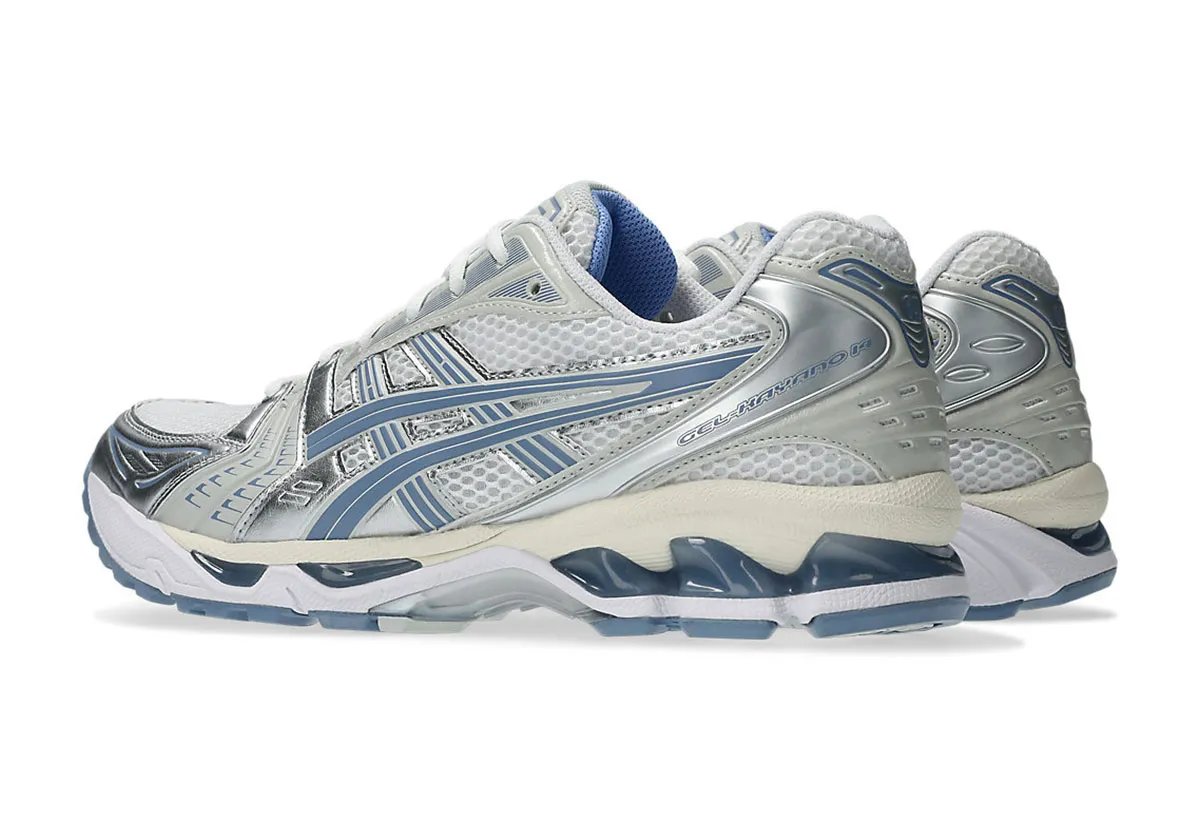 ASICS GEL-Kayano 14 in Light Navy colorway, showing split tongue construction and lateral gel unit - detail view 1