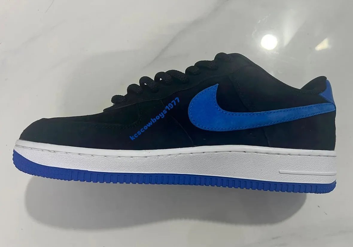Nike SB Air Force 1 x Instant Skateboards in black suede with Game Royal Swoosh and heel tab - detail view 4