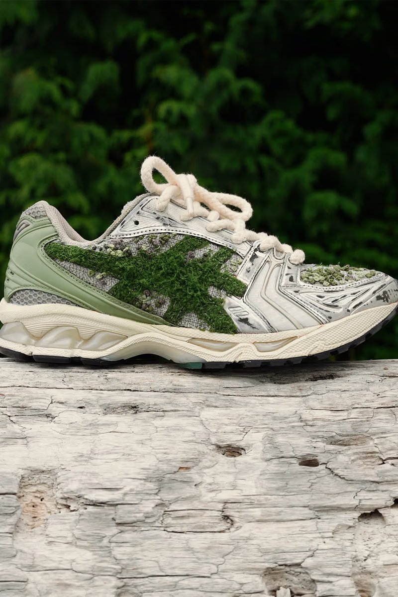 ANT KAI custom ASICS GEL-KAYANO 14 "Moss" featuring hand-stitched moss embroidery, burlap overlay, and distressed metallic accents - detail view 3