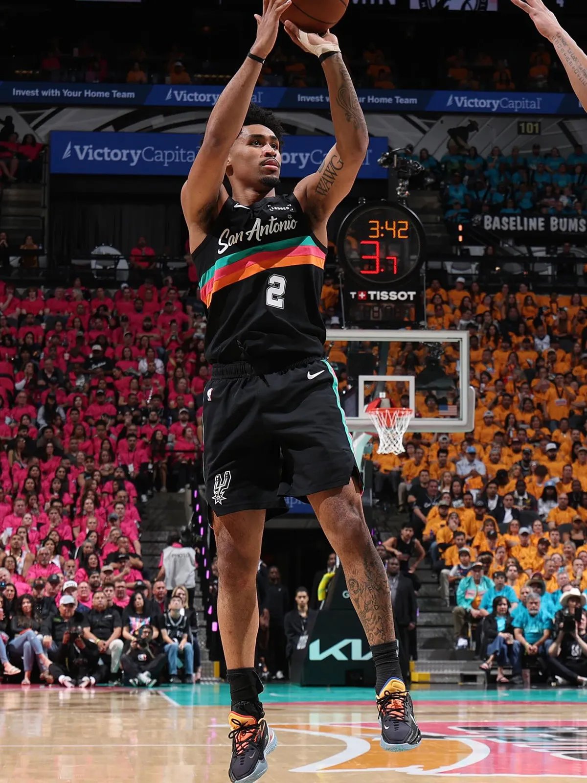 Dylan Harper wears Nike Zoom GT Cut 1 x Titan 22 in Black and Metallic Silver colorway during NBA playoff action - detail view 1