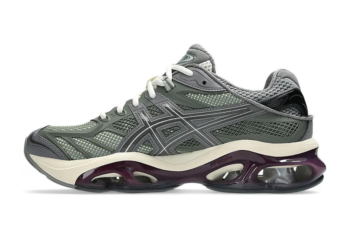 ASICS GEL-Kinetic 2.0 Lichen Green sneaker featuring muted green upper, cream and burgundy midsole with silver GEL pods - detail view 2