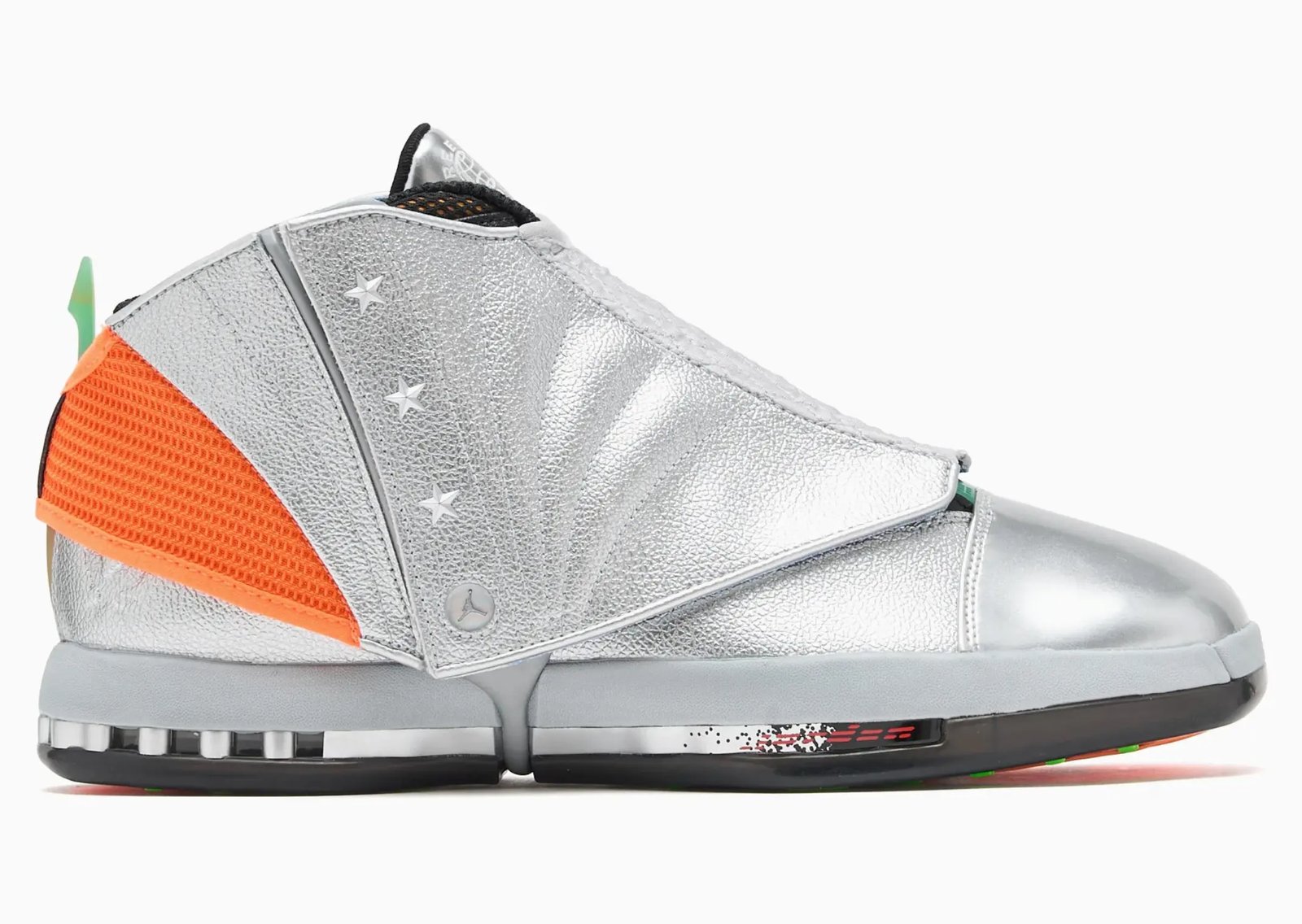 Free The Youth x Air Jordan 16 Retro with silver base, metallic chrome toebox, orange accents, and removable eagle-printed sheath - detail view 3