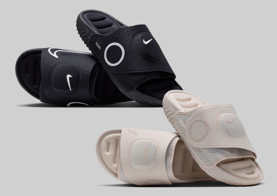 Nike x Hyperice Air Zoom Hyperslide in Black and Orewood Brown colorways featuring integrated heat and vibration technology - detail view 1