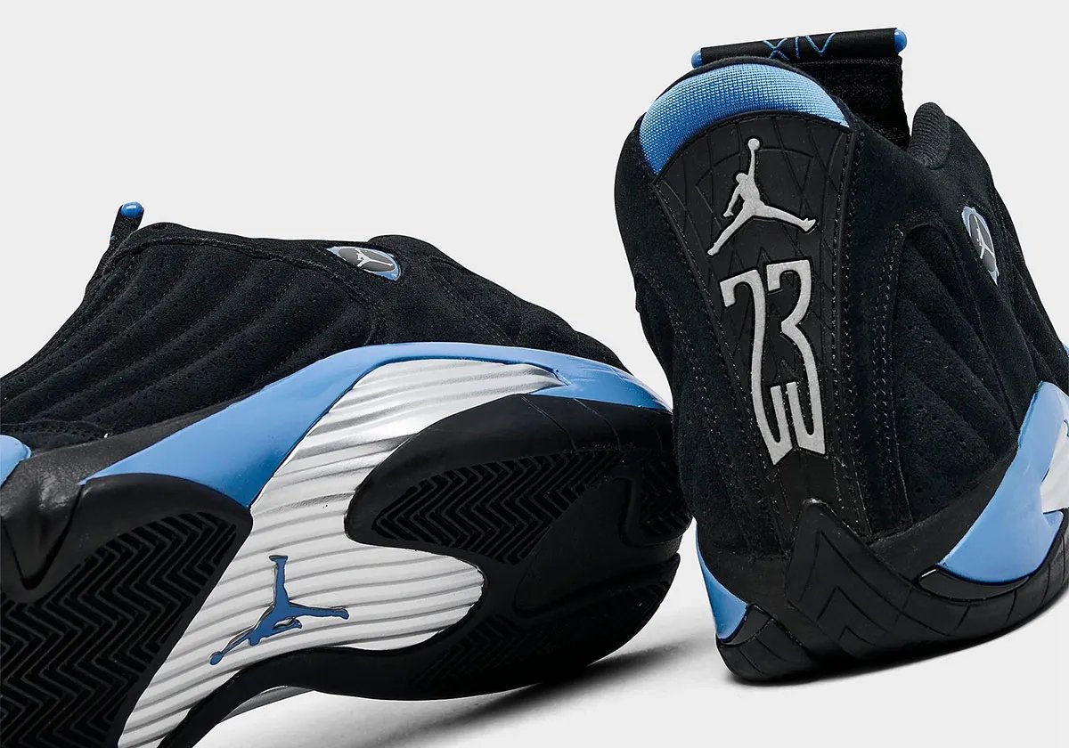 Air Jordan 14 in Black with University Blue accents, shown from multiple angles on white background - detail view 2
