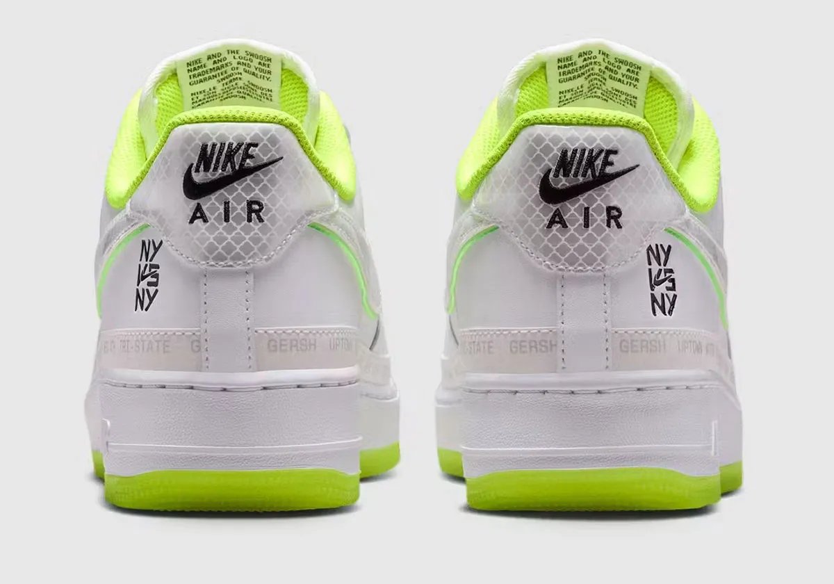 Nike Air Force 1 Low NY v. NY in triple white leather with hi-vis green foxing and embroidered New York court references - detail view 4