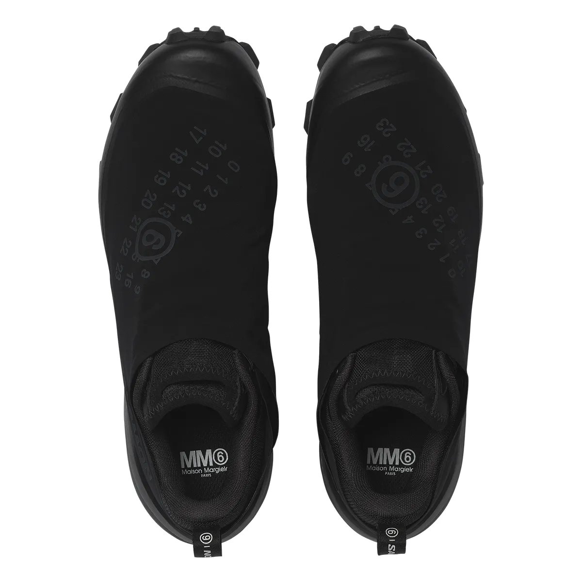 MM6 Maison Margiela x Salomon Cross Dust trail shoe with numeric tag shroud detail in Vanilla Ice and Black colorways - detail view 2
