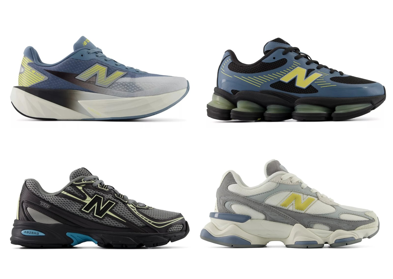 New Balance Night Lights Pack featuring the 9060R, 740, FuelCell Rebel V5, and ABZORB 2000 in soft blue and neon yellow colorways - detail view 1