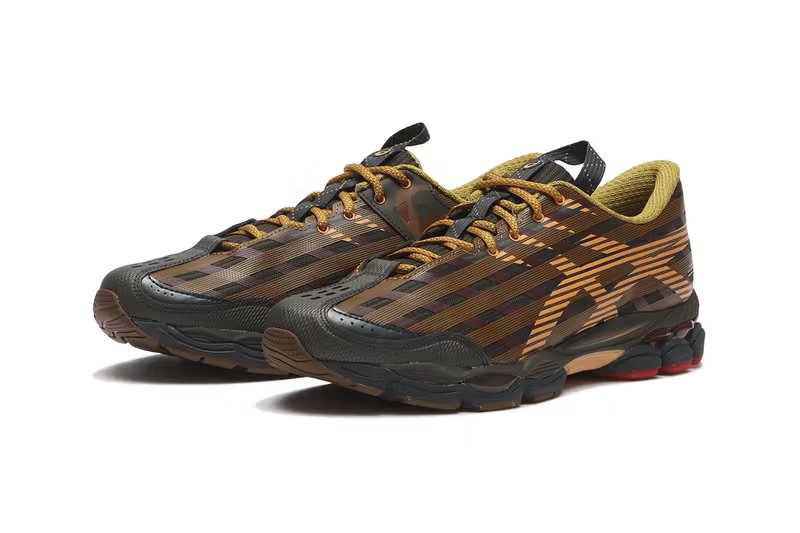 Kiko Kostadinov x ASICS GEL-SJ33 in Black Coffee/Orange Lily colorway, showcasing seamless upper construction and striped graphic patterns - detail view 3