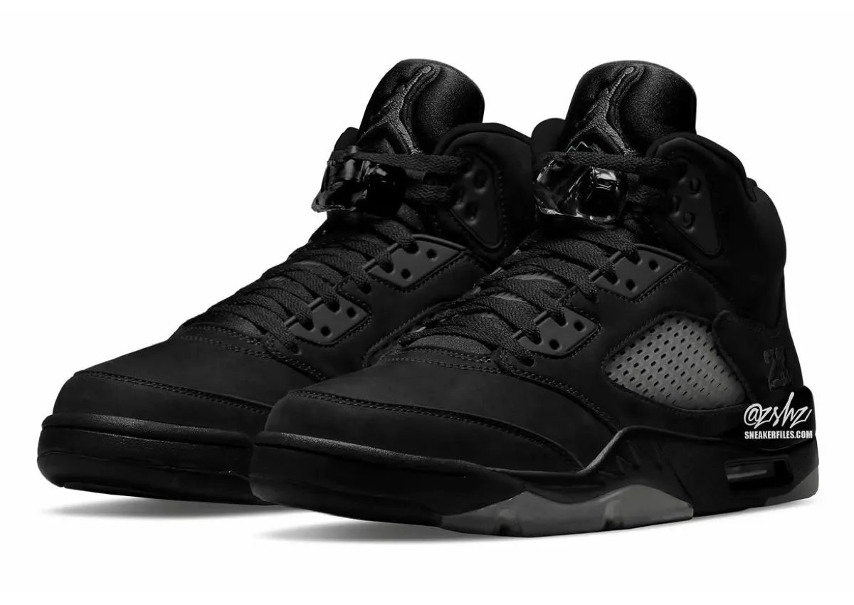 Air Jordan 5 Black Cat in black nubuck with Nike Air heel branding and original-style 23 detailing, scheduled for Fall 2027 - detail view 2