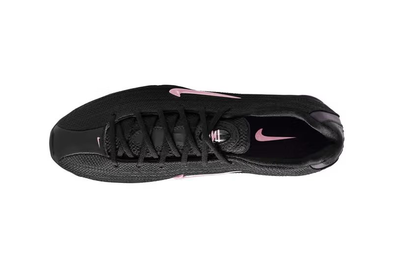 Nike Shox Z in Black/Pink Foam colorway, showing textile upper with pearlescent pink accents - detail view 2