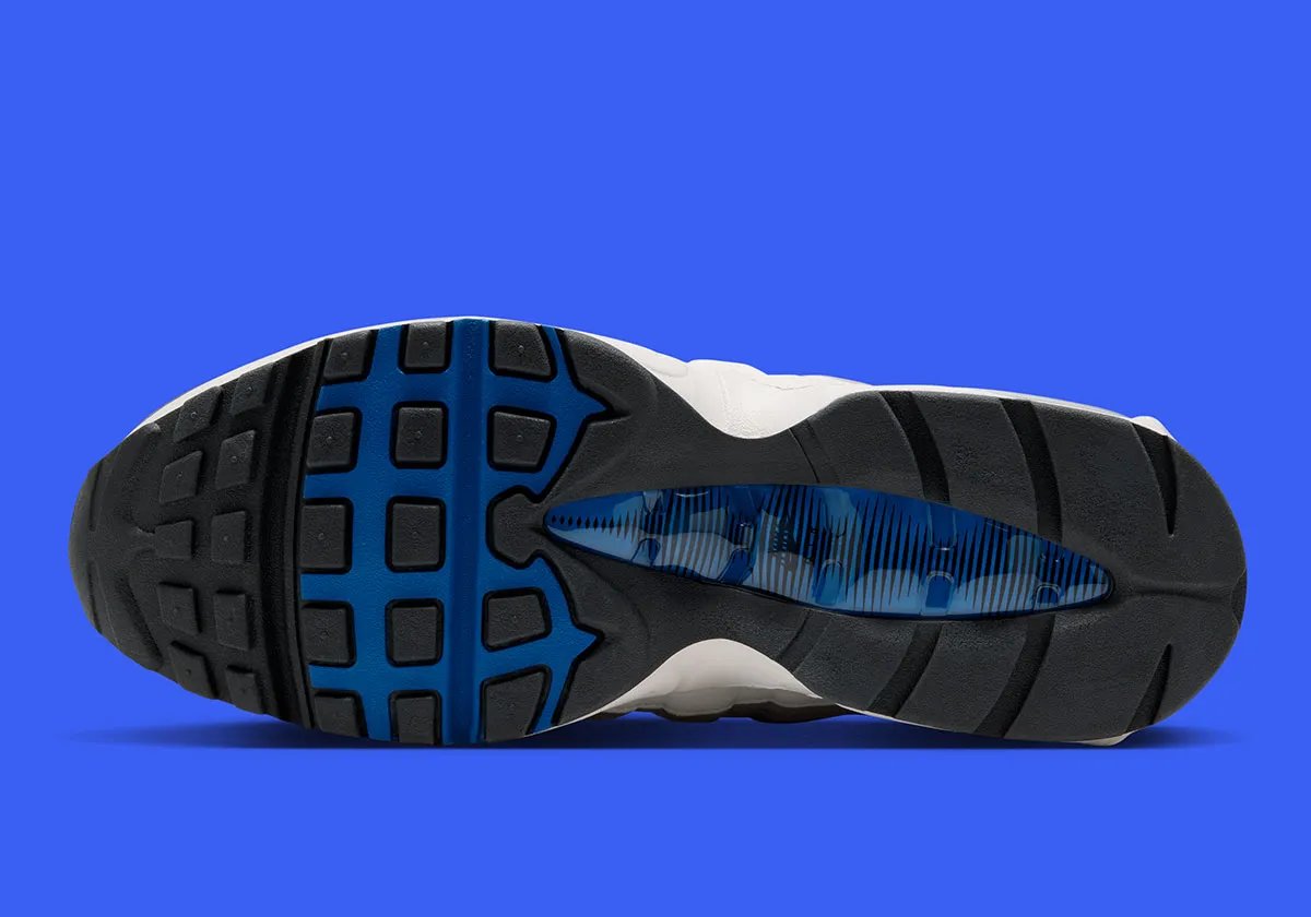 Nike Air Max 95 "Reverse Blue Spark" featuring inverted colorway with Blue Spark accents on Swoosh, tongue, and Big Bubble Air unit, white midsole, and black tongue - detail view 2