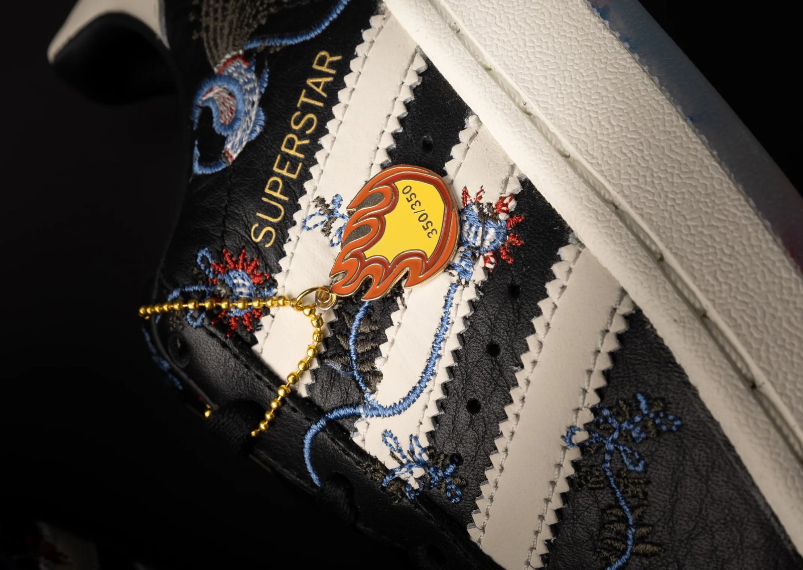 adidas Superstar x Limited Edt. in black leather with white shell toe and embroidered floral details - detail view 2
