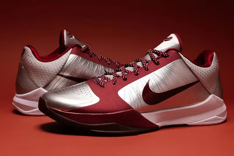 Nike Kobe 5 Protro Lower Merion Aces Away in metallic silver and team red, side view - detail view 2