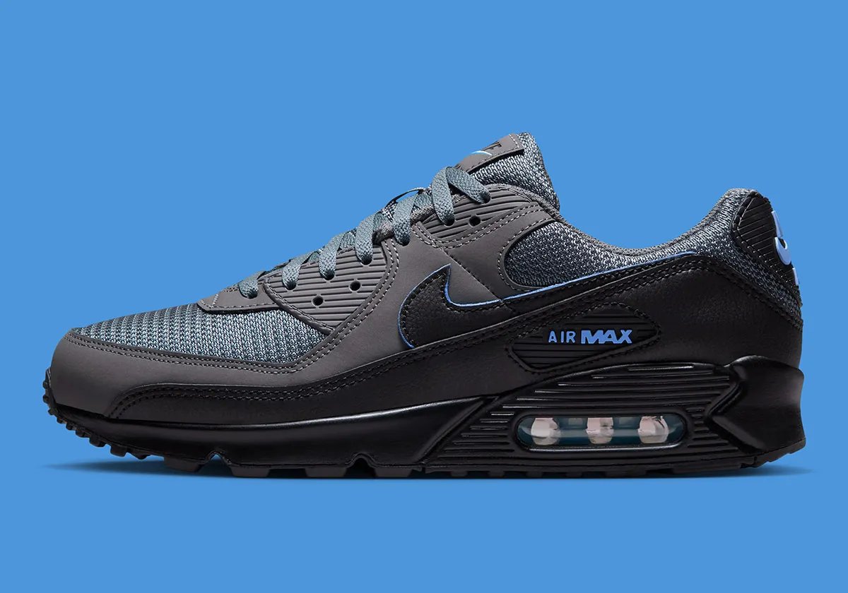 Nike Air Max 90 Football Blue with grey mesh upper, light smoke grey quarter panel, and black midsole—Fall 2026 release - detail view 1