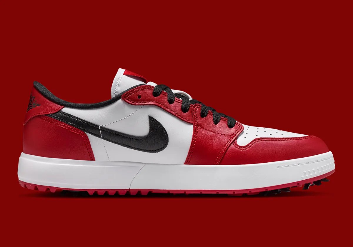 Air Jordan 1 Low Golf in Chicago red, white, and black colorway with golf-specific traction pattern and reinforced leather construction - detail view 3