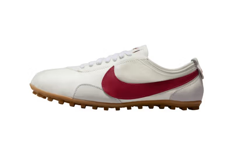 Nike Moon Shoe in Summit White and Team Crimson colorway, side profile view showing nylon mesh and gum rubber sole - detail view 3