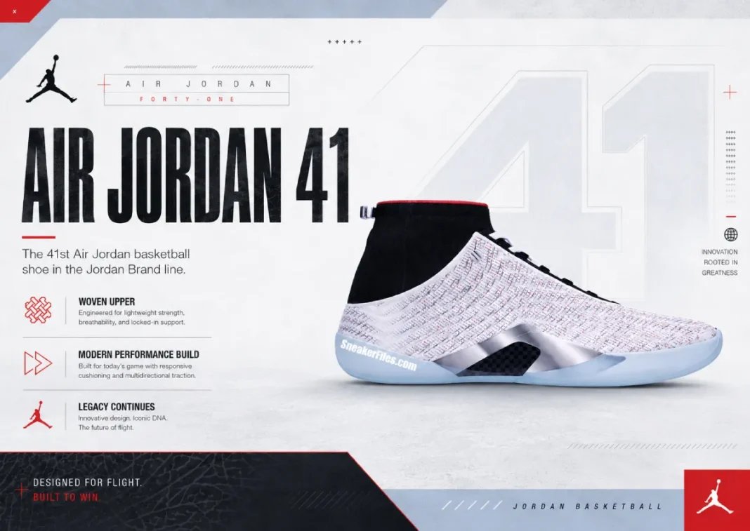 Air Jordan 41 in White, Metallic Silver, and Hyper Cobalt colorway, showcasing woven upper and bootie collar construction - detail view 1