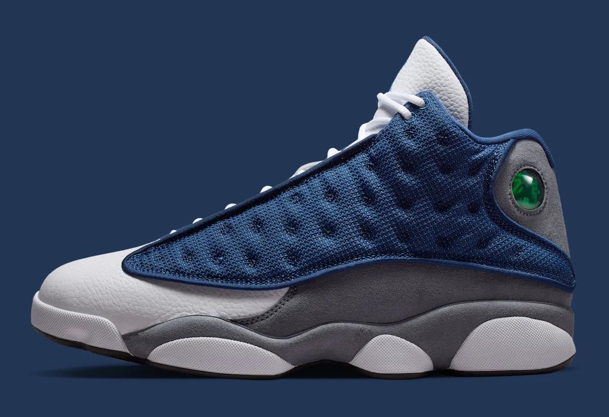 Air Jordan 13 "Flint" in Navy, Flint Grey, and White with reflective mesh upper and hologram jewel detail - detail view 3