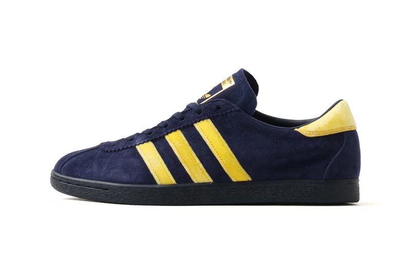 adidas Originals x atmos Tobacco KOYO in navy leather with yellow velour Three Stripes and brown leather with orange velour detailing, inspired by Japanese autumn foliage - detail view 3