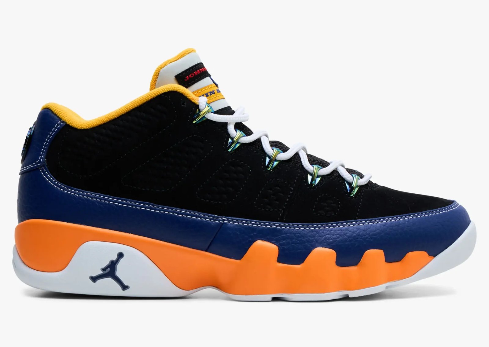 Air Jordan 9 Retro Low What The Kilroy featuring asymmetric red leather and black nubuck with mixed colorway panels from the 1993 Kilroy campaign - detail view 2