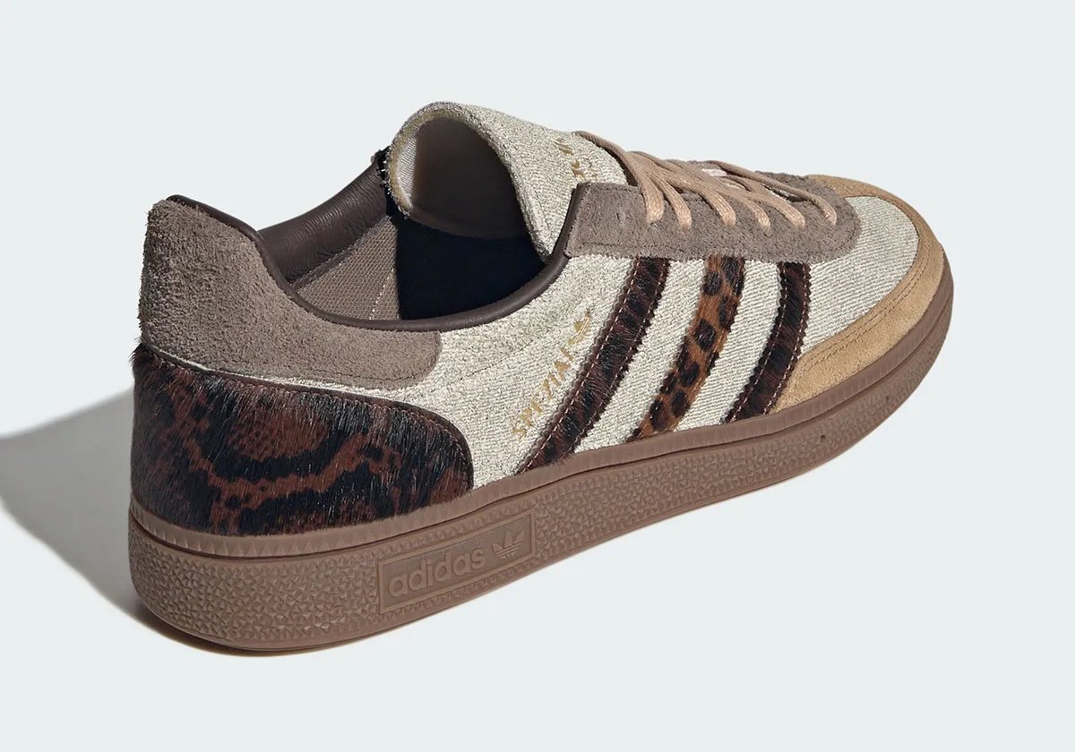 adidas Handball Spezial in grey denim with cheetah pony hair stripes and caramel suede toe overlay - detail view 2