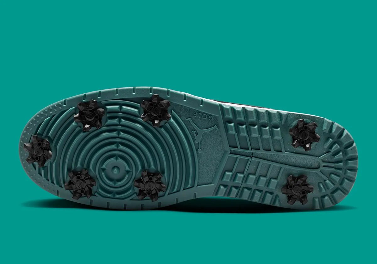 Air Jordan 1 Low Golf "Chameleon" with iridescent Mineral Teal leather and black accents, featuring radial golf spikes on teal outsole - detail view 2