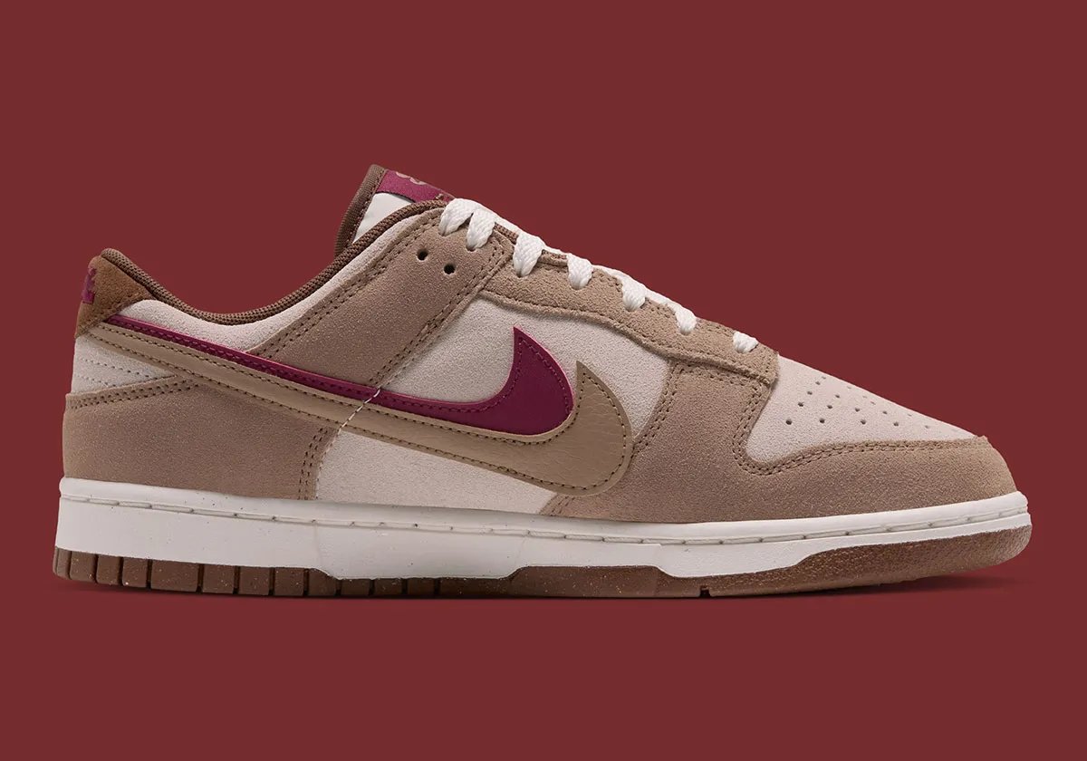 Nike Dunk Low Double Swoosh with dual Swoosh branding in brown and burgundy leather, Fall/Winter 2026 - detail view 2