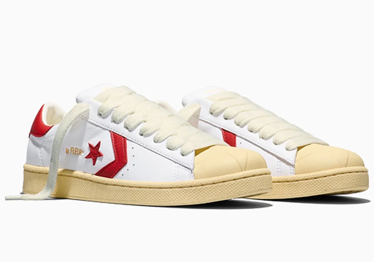 Converse x Tyler, The Creator 1908 Pro Leather in Black/Pristine, Bison/Dusty Citron, and White/Red colorways with suede construction and molded toe details - detail view 1