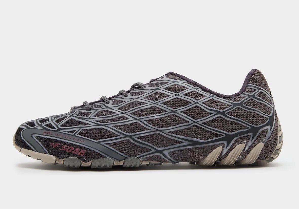 Bad Bunny x adidas F50 Ghost Sprint Charcoal featuring layered mesh upper with grey cage detailing and dark red branding - detail view 3