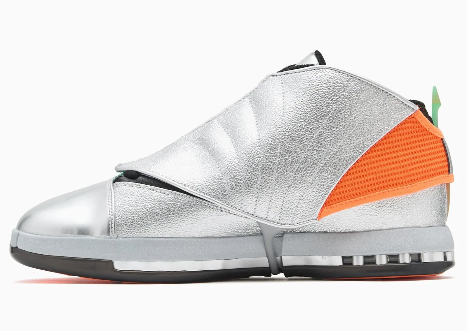 Free The Youth x Air Jordan 16 Retro with silver base, metallic chrome toebox, orange accents, and removable eagle-printed sheath - detail view 2
