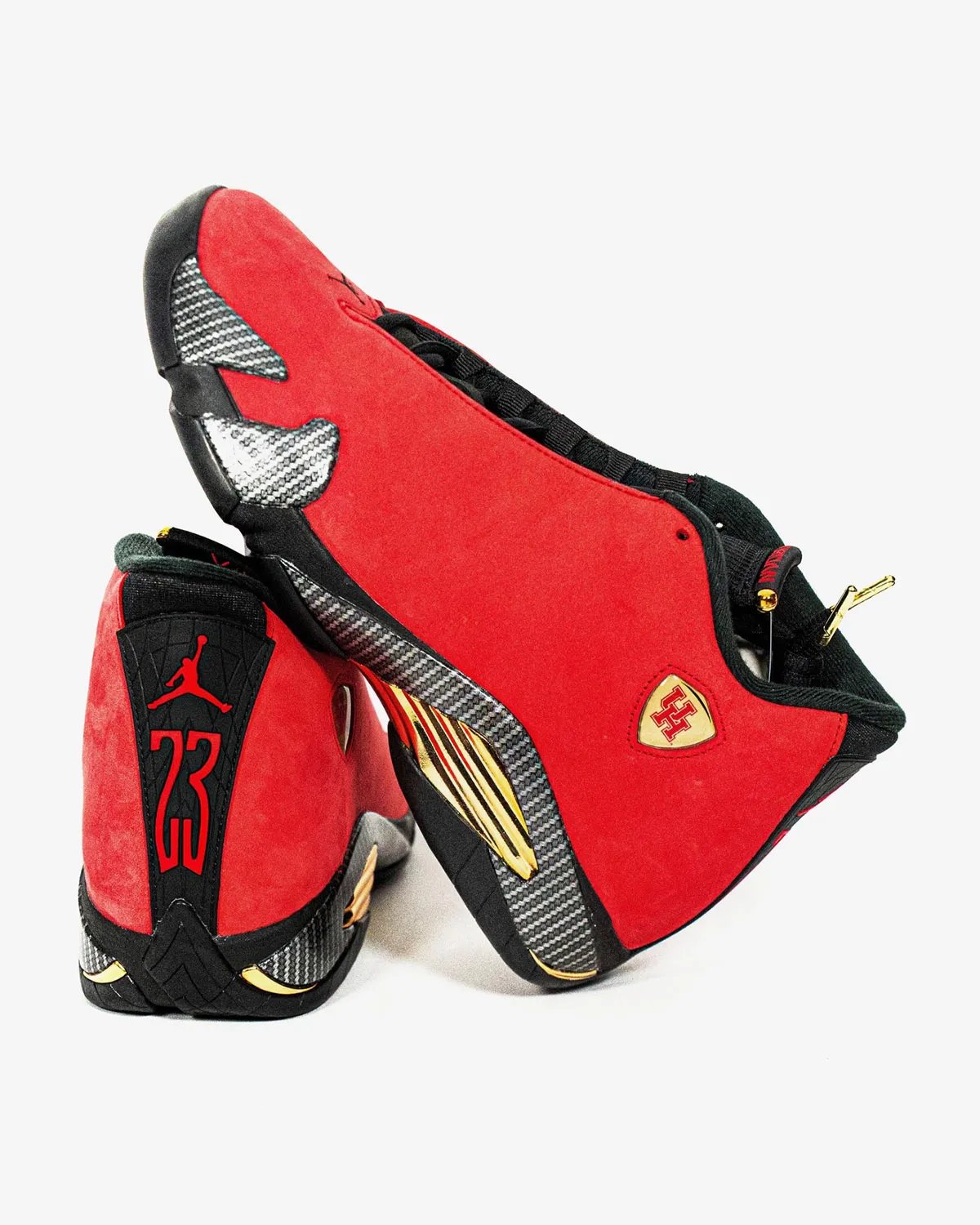 Air Jordan 14 Houston Cougars PE in university red suede with grey carbon fiber midsole details - detail view 2