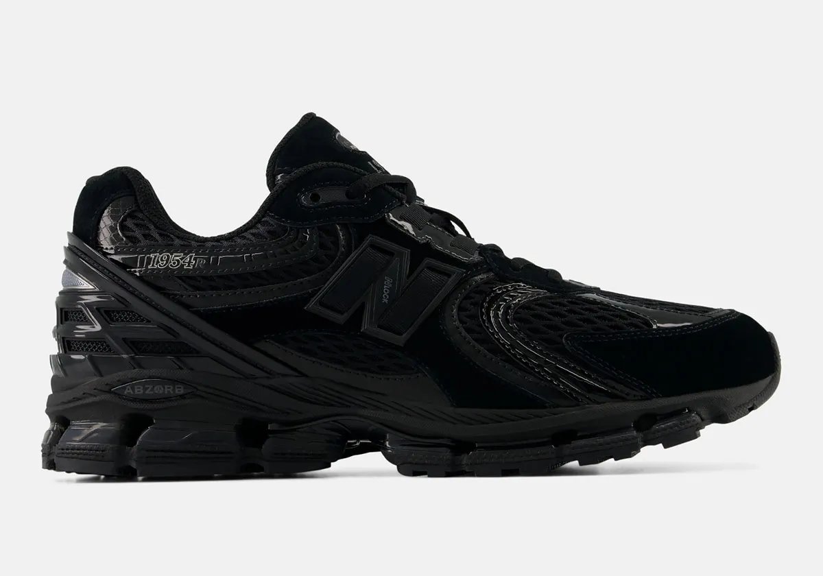 New Balance 1954R in Triple Black with glossy patent leather underlays - detail view 2