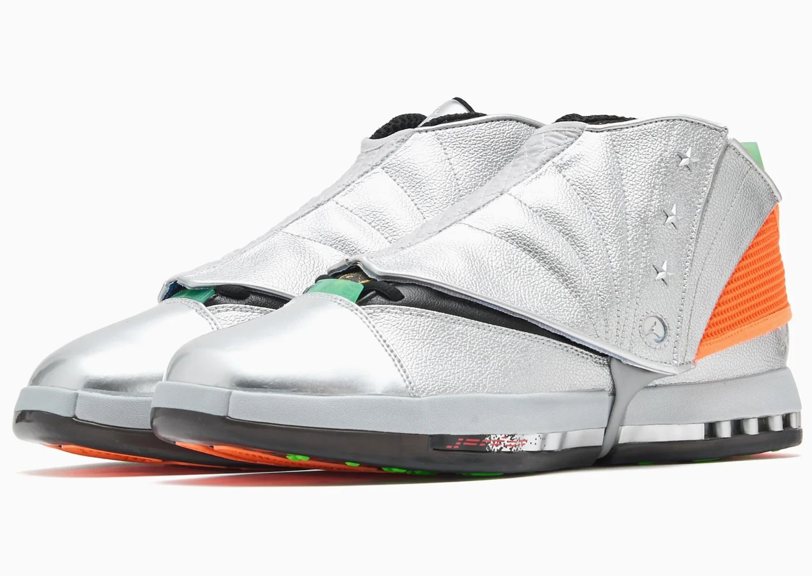 Free The Youth x Air Jordan 16 Retro with silver base, metallic chrome toebox, orange accents, and removable eagle-printed sheath - detail view 1
