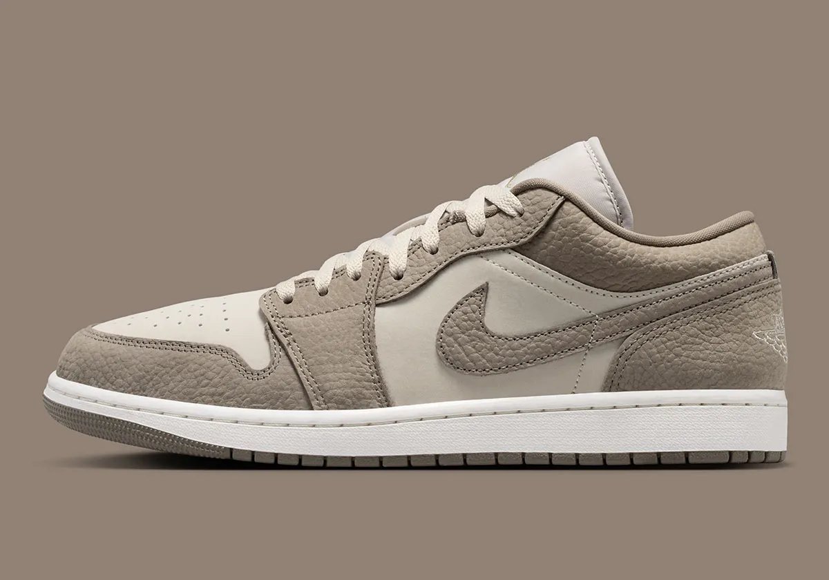 Air Jordan 1 Low in Olive Grey with pebbled leather overlays and Silver Sage base, shown from multiple angles - detail view 1
