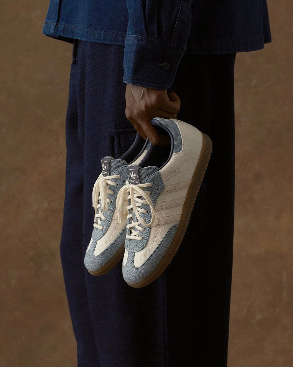 KITH x adidas Samba in bleach white and light blue denim with gum sole