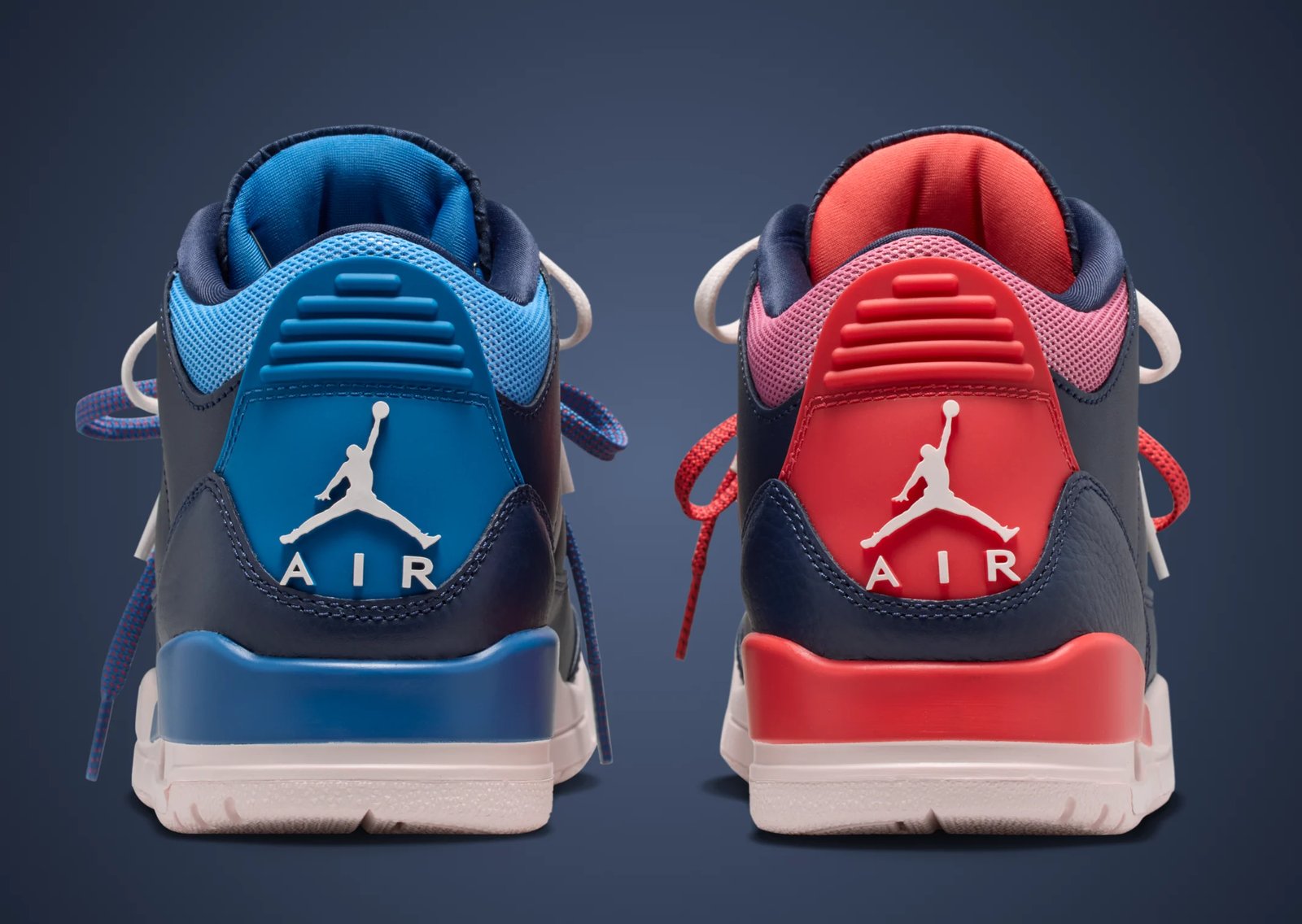 Air Jordan 3 Sports Renaissance featuring navy blue upper with mismatched red and blue asymmetrical accents, nylon mesh detailing, and scrunched tongue design - detail view 2
