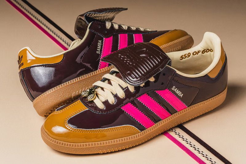 adidas x Asphalt Samba Cannoli in wheat, chocolate brown, and pink colorway with customizable Velcro tongue and lace options - detail view 2