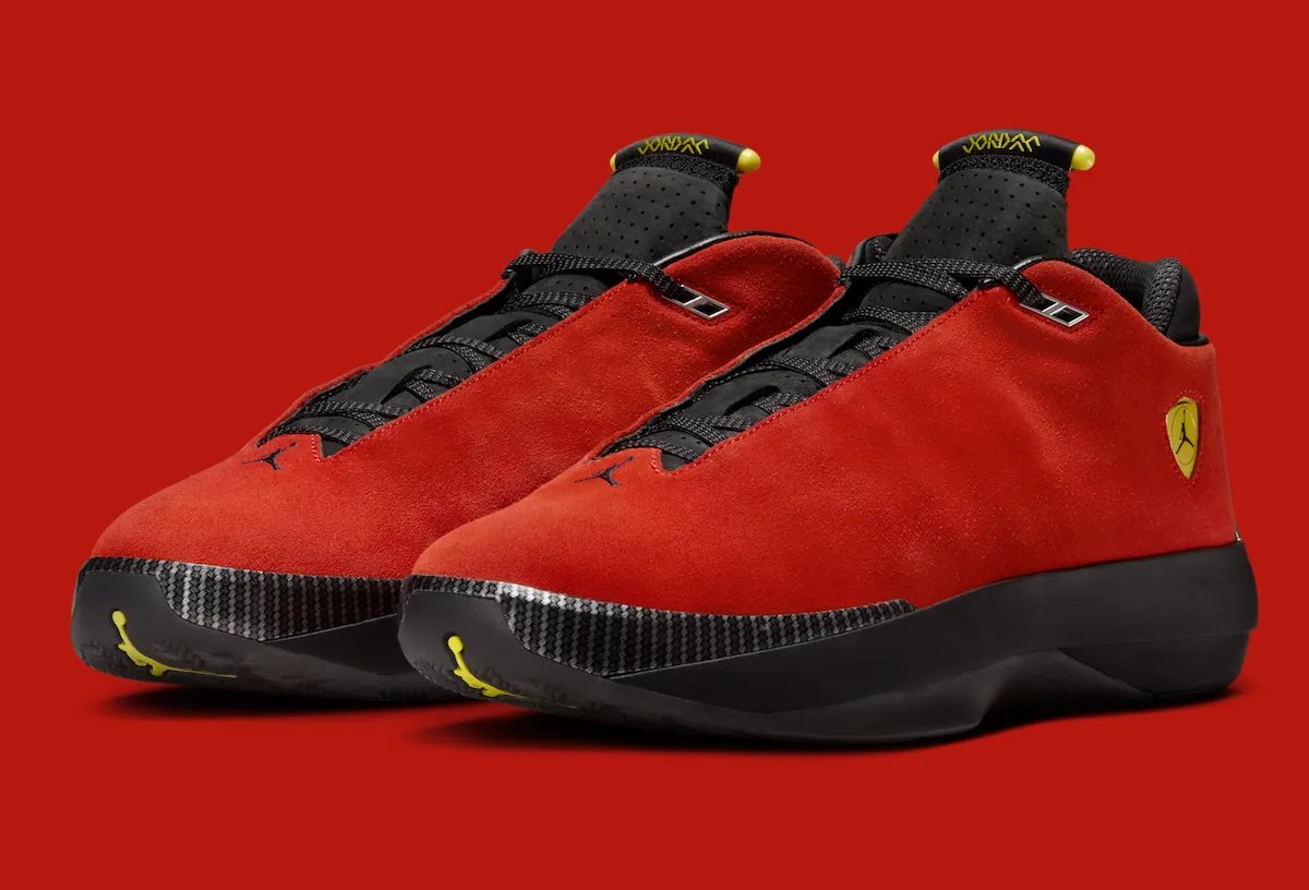 Air Jordan 4014 "Ferrari" in Challenge Red suede with carbon fiber accents and metallic silver trim, releasing September 26, 2026 - detail view 2