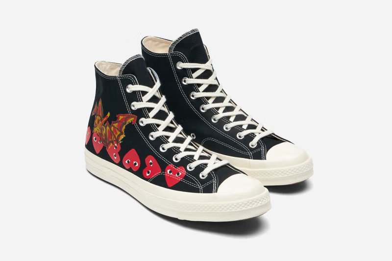 Future and Robert Nava's COMME des GARÇONS PLAY x Converse Chuck Taylor 70s in black and white, featuring painted artwork on canvas. - detail view 4