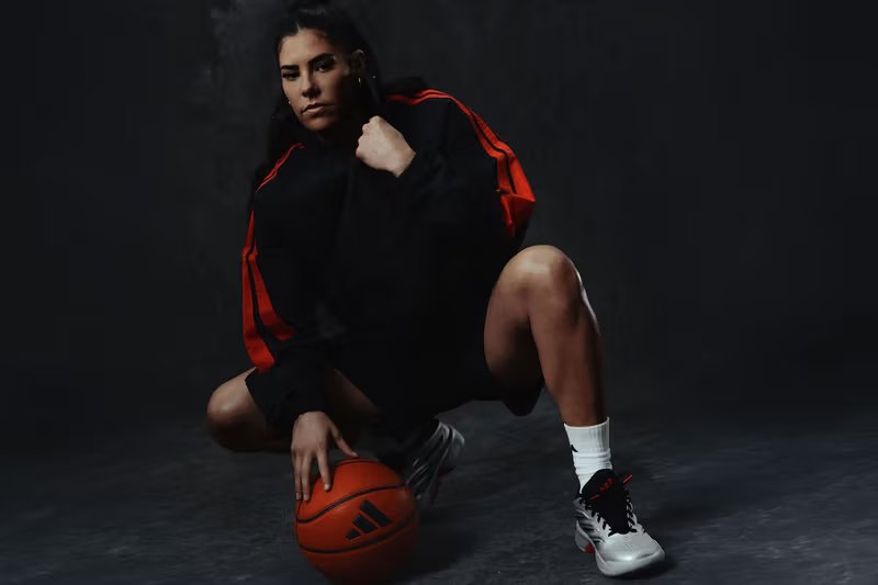 Kelsey Plum in Adidas Basketball gear during official campaign announcement - detail view 2
