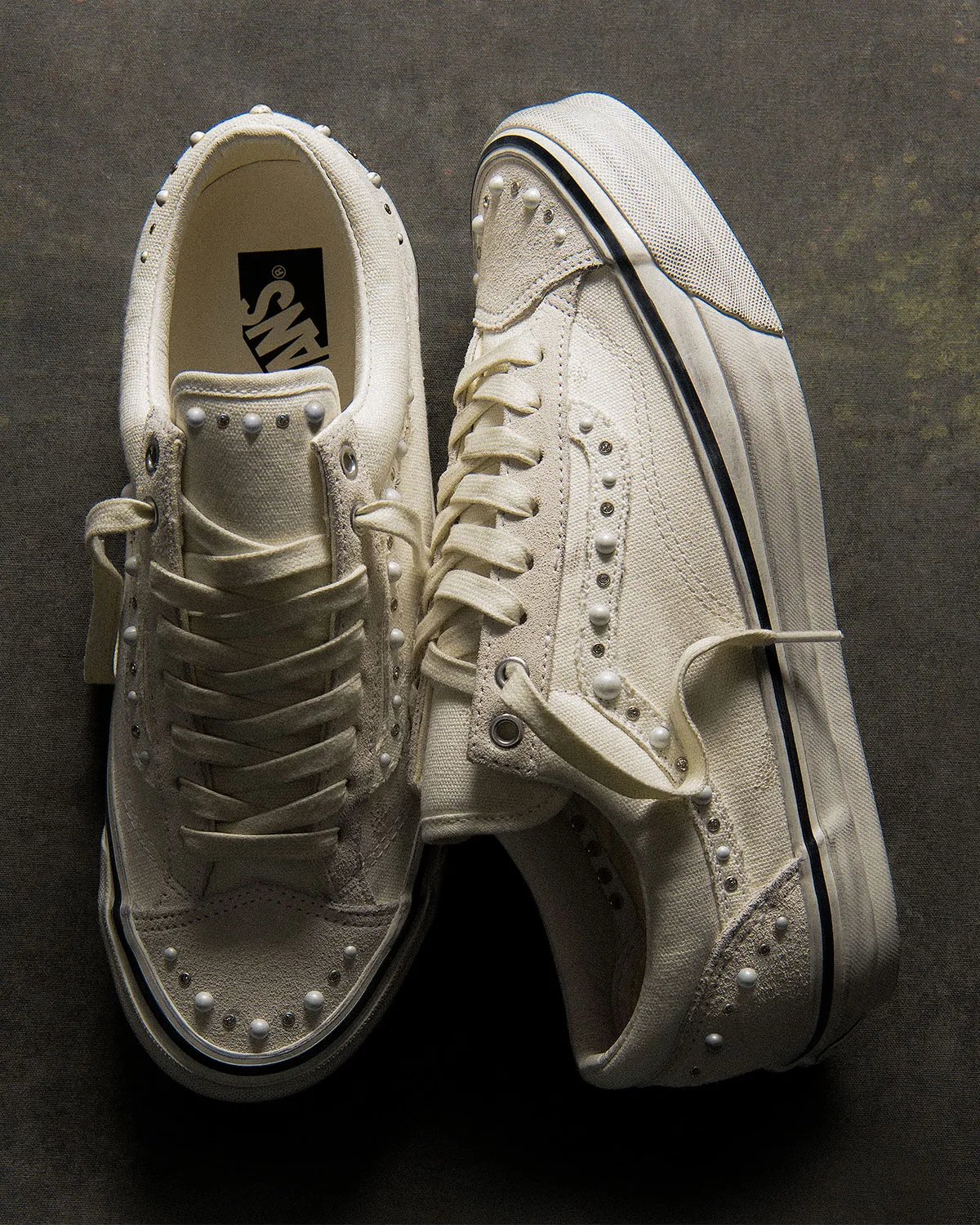 Vans Old Skool Pearlized Marshmallow with pearl and stone detailing on canvas upper, tongue, and heel panels
